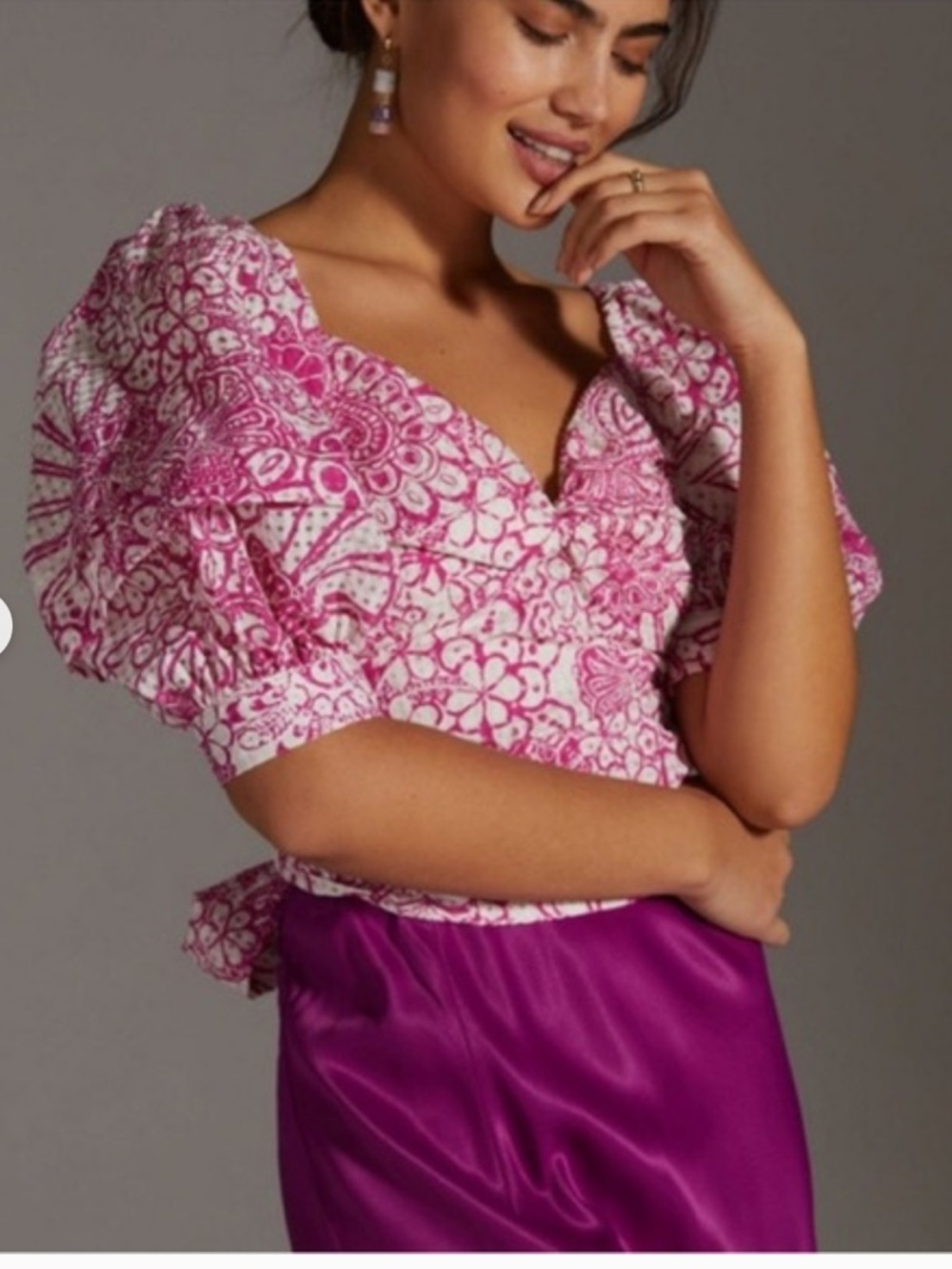 NWT Maeve by Anthropology Pink Floral Wrap Puff Sleeve Top sz Medium